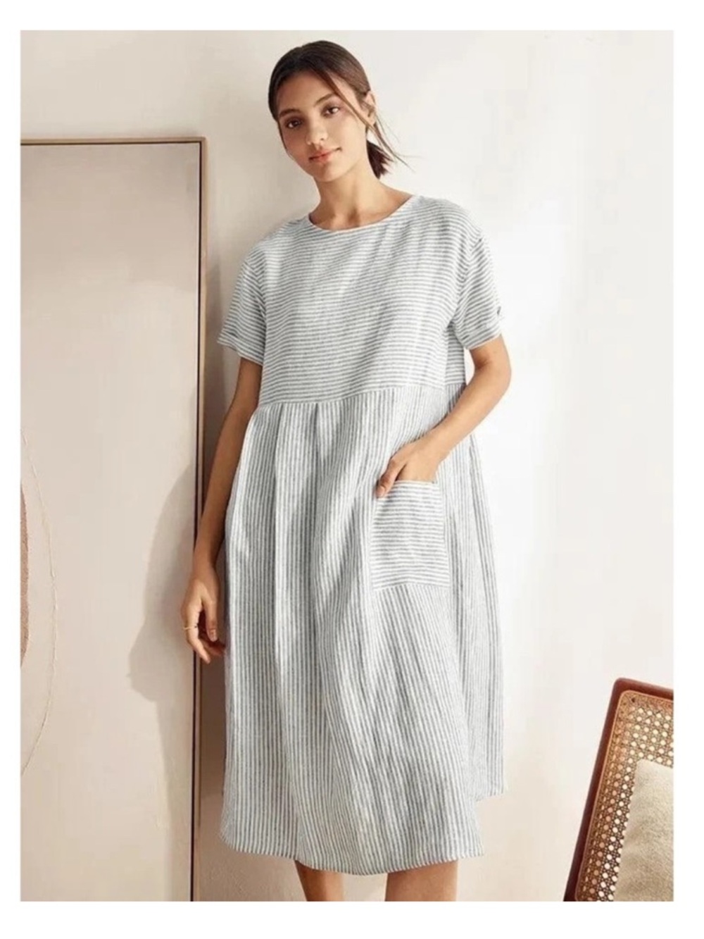 Lintico 100% linen pinstripe midi dress